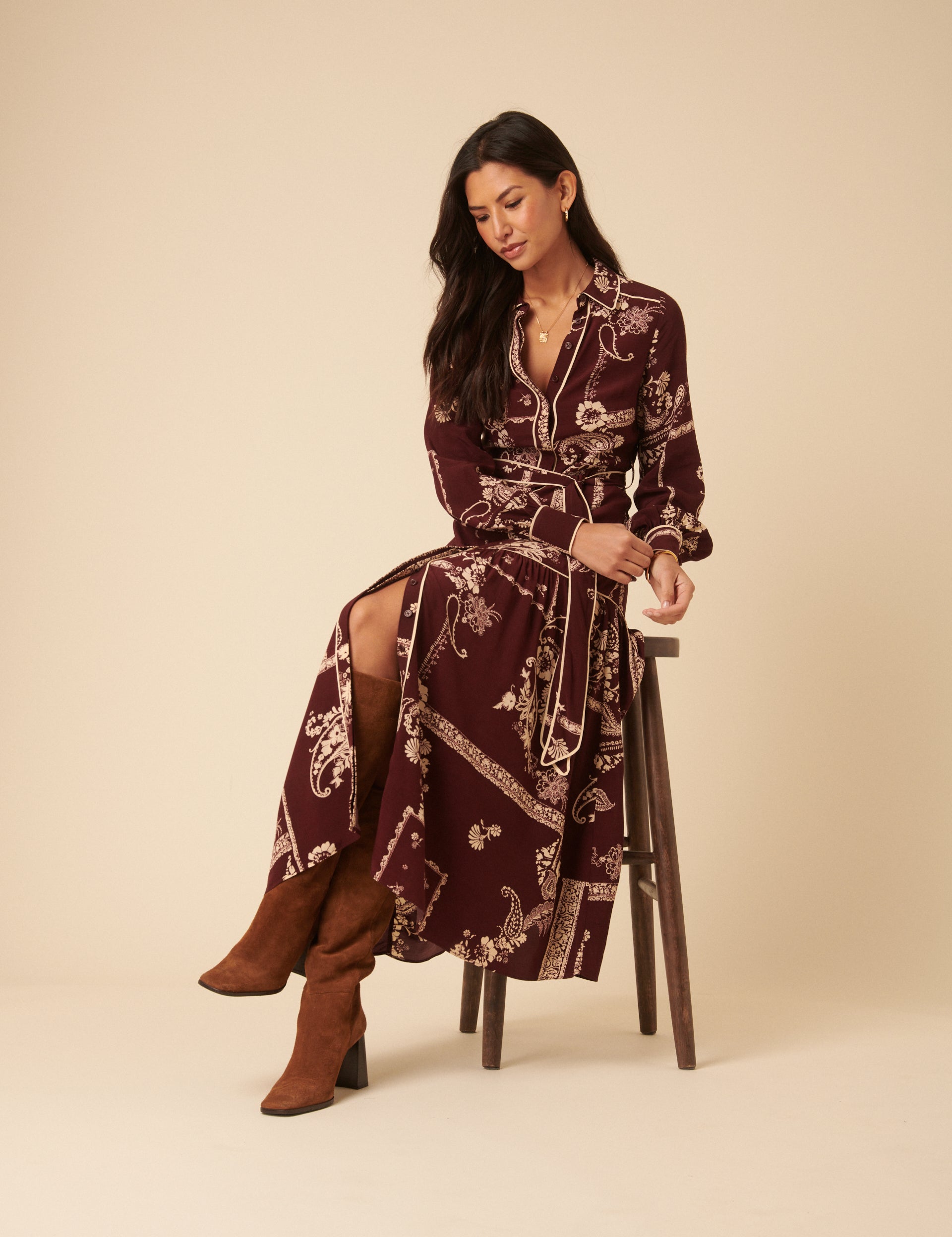 Brooklyn Midi Shirt Dress, Burgundy Print image 4
