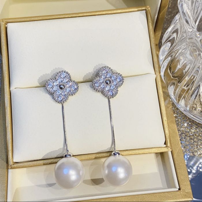 Four Petals Earrings with Pearl Drops, Silver image 0