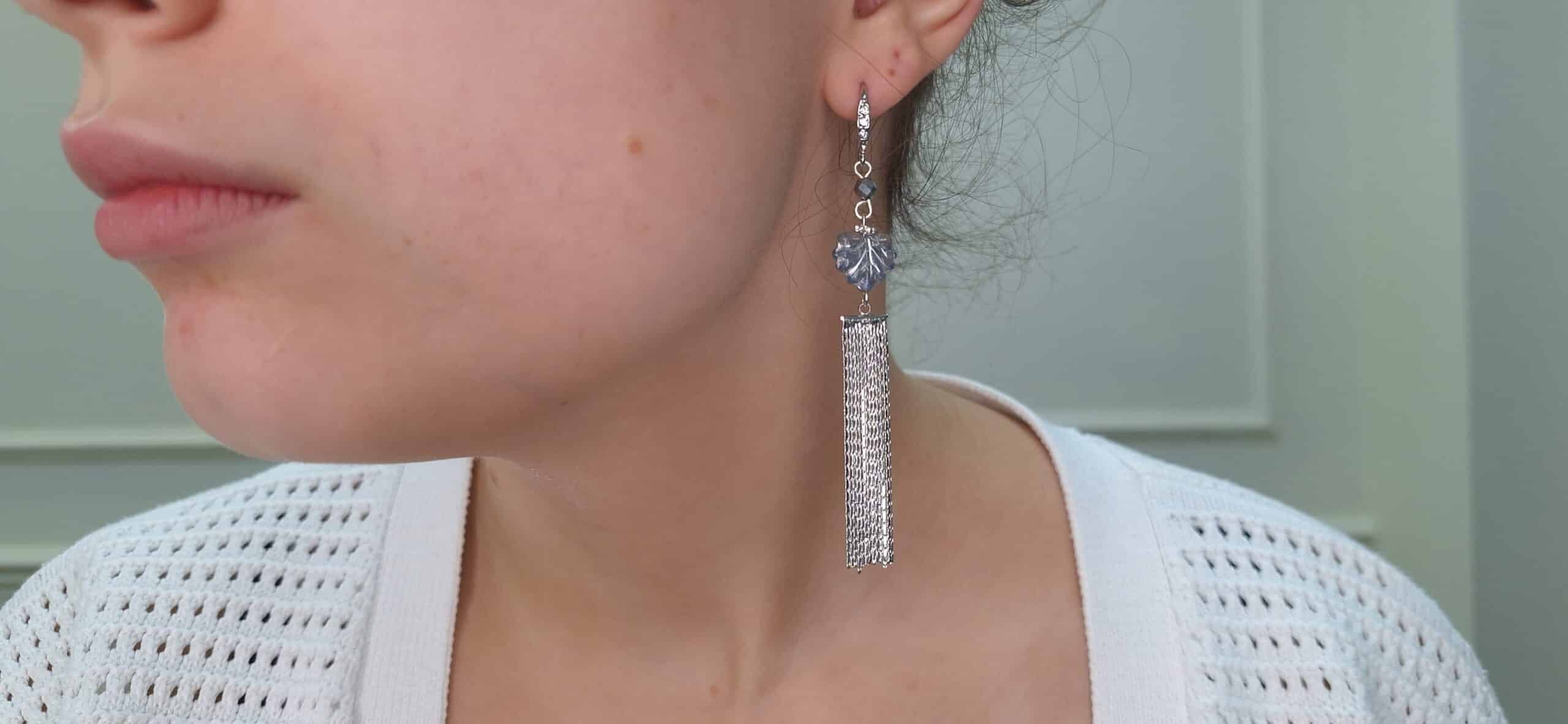 Silver Hematite Gemstone Maple Leaf Tassel Earrings image 1