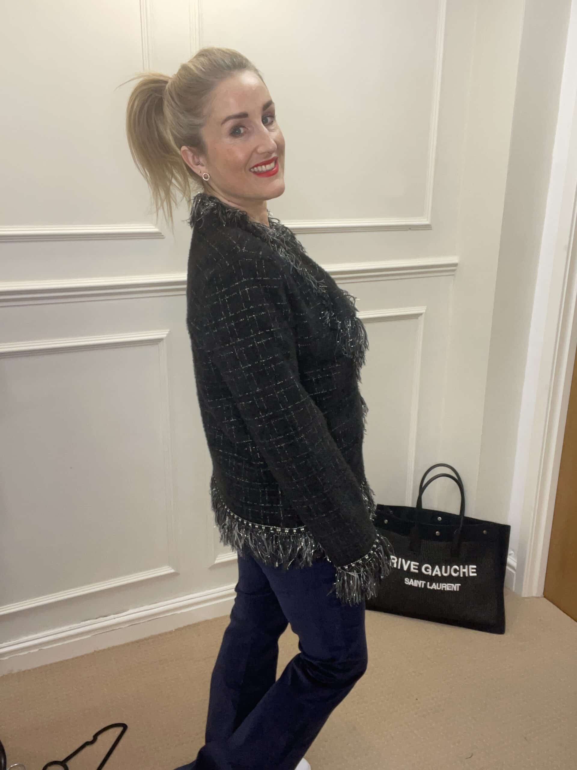 Classic Tweed Fringed Cardigan, Black image 1