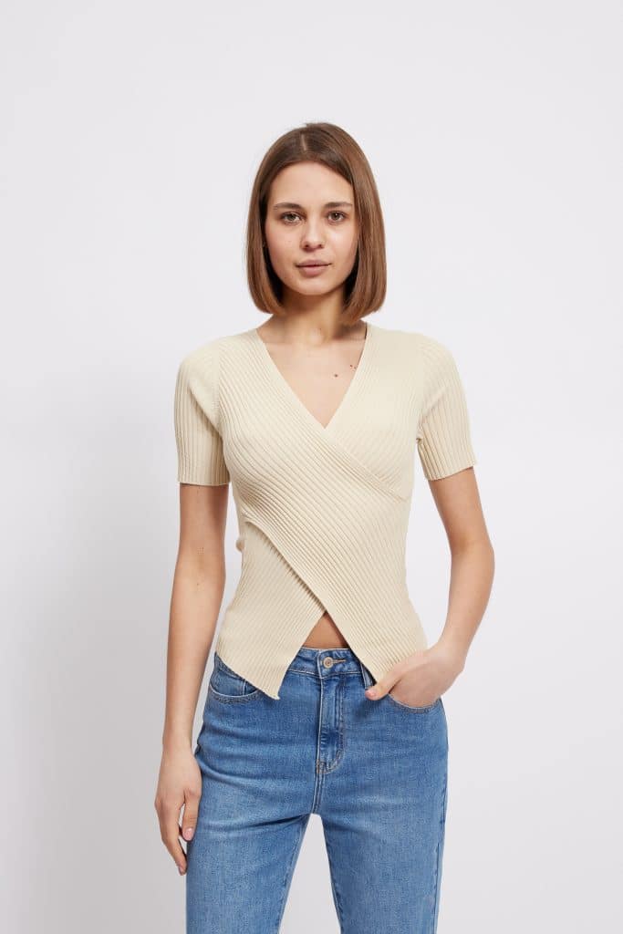 Harper Ribbed Wrap Top, Beige image 4