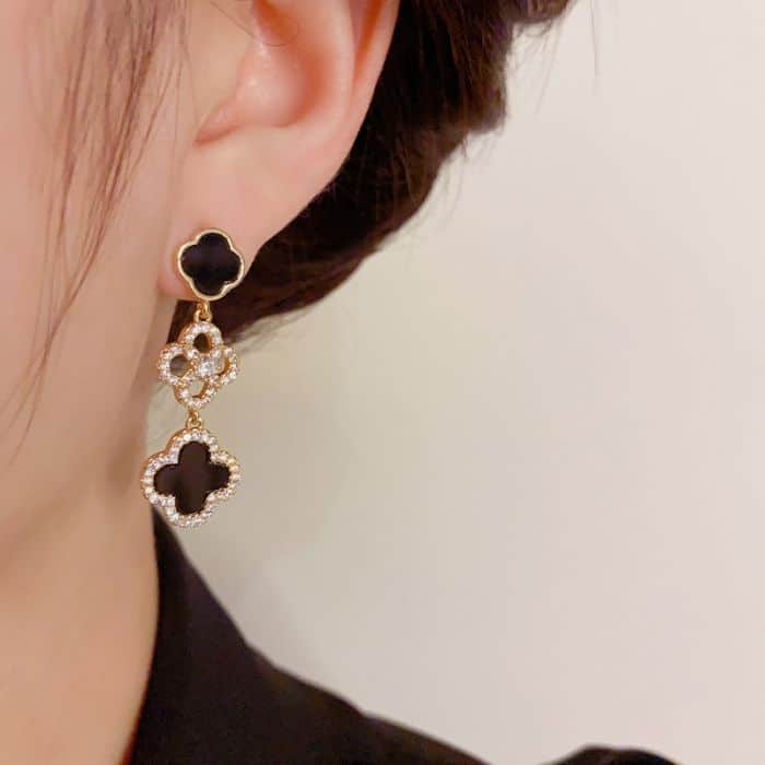 Four Petals Crystal-Edged Jewelled Earrings, Black image 1