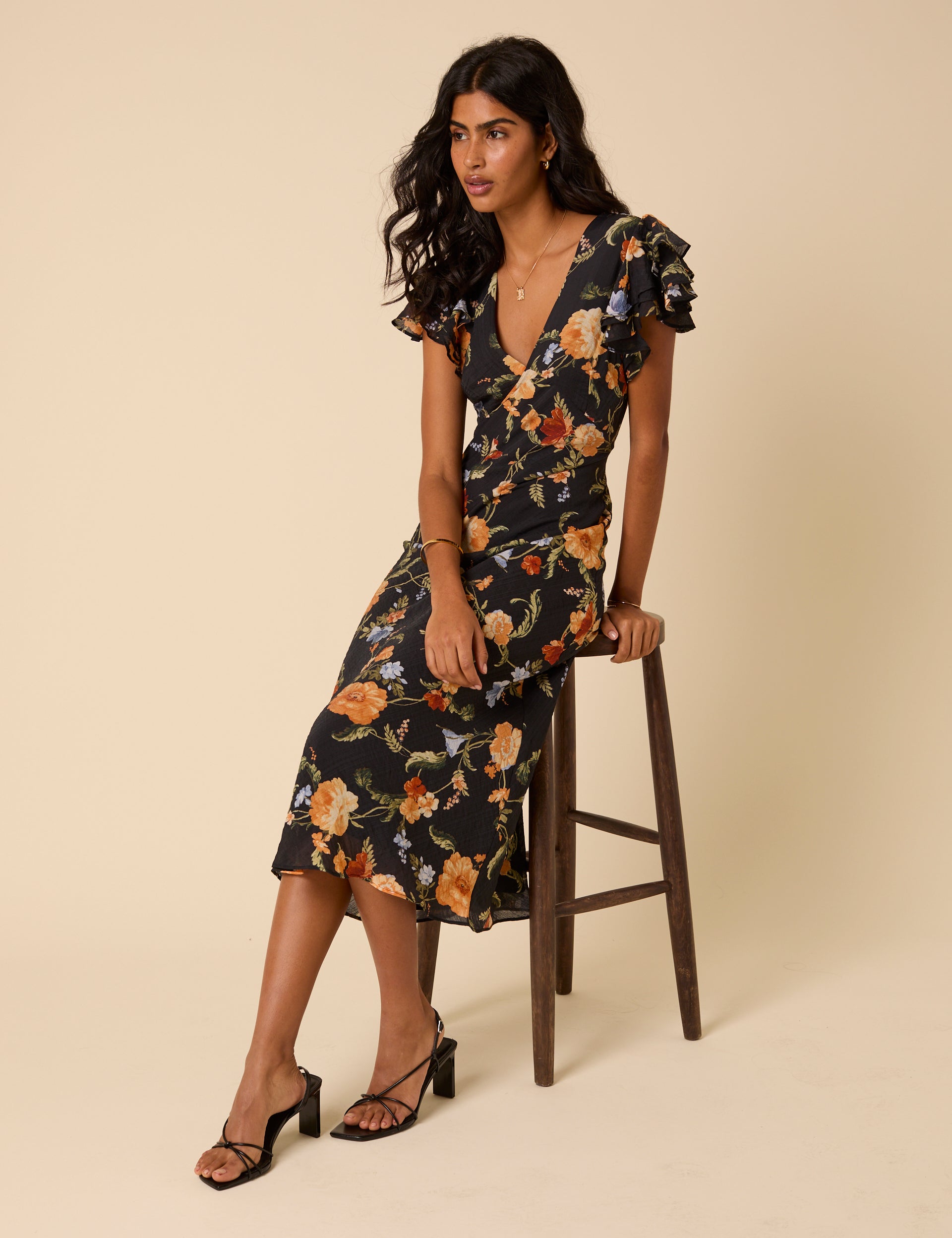 Layla Midi Dress, Black Floral Print image 3