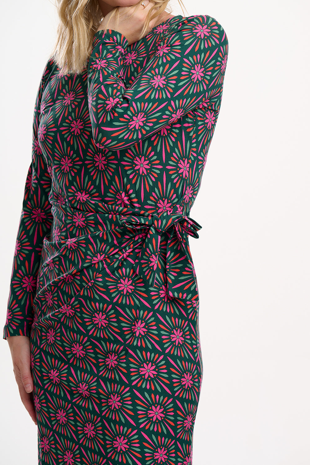 Claudia Jersey Tie Midi Dress, Green/Multi, Flower Explosion image 2