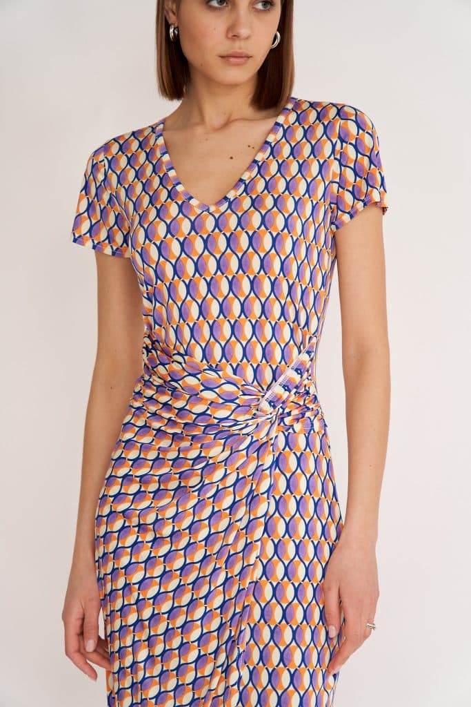 Antonella Wrap Effect Midi Dress, Mosaic in Purple and Orange print image 1