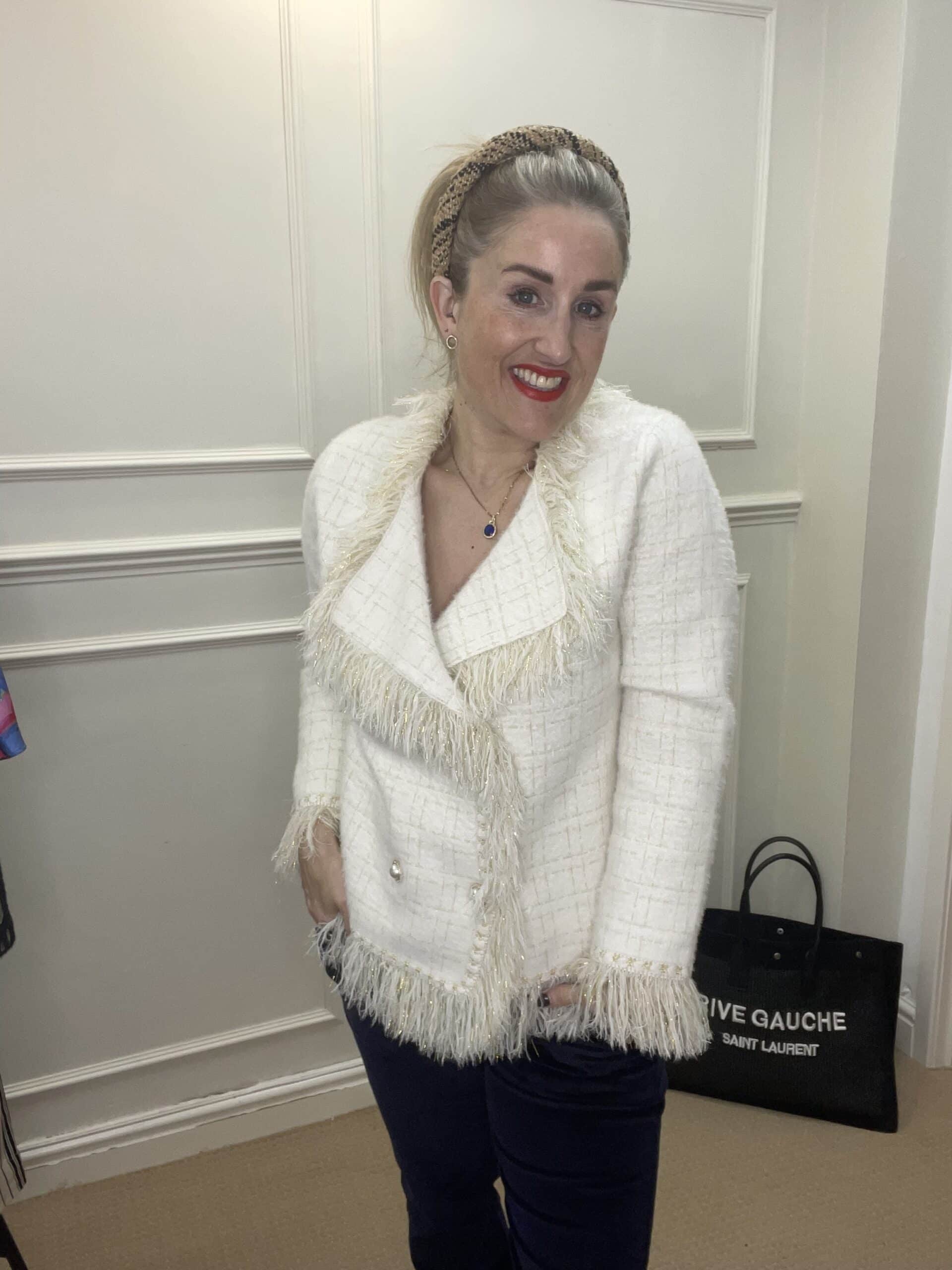 Classic Tweed Fringed Cardigan, Ivory image 1