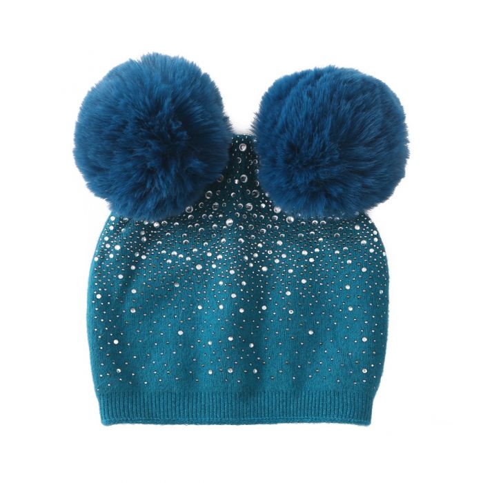 Sequin Double Pompom Hat, Peacock Blue image 0