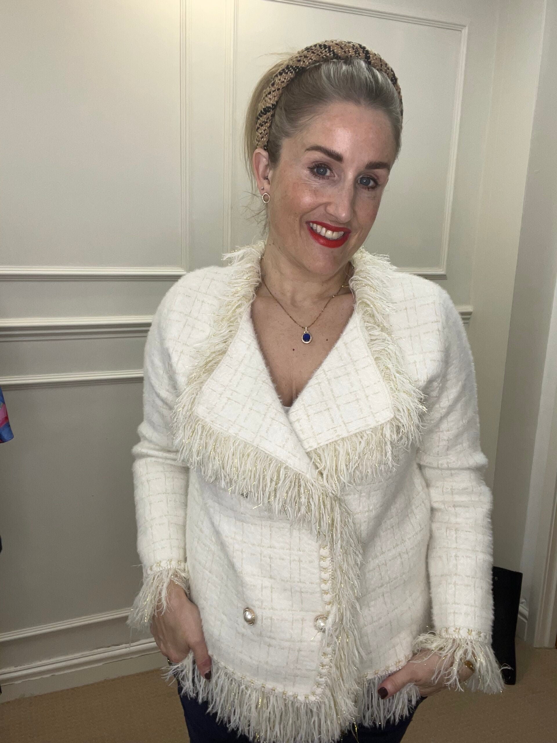 Classic Tweed Fringed Cardigan, Ivory image 0