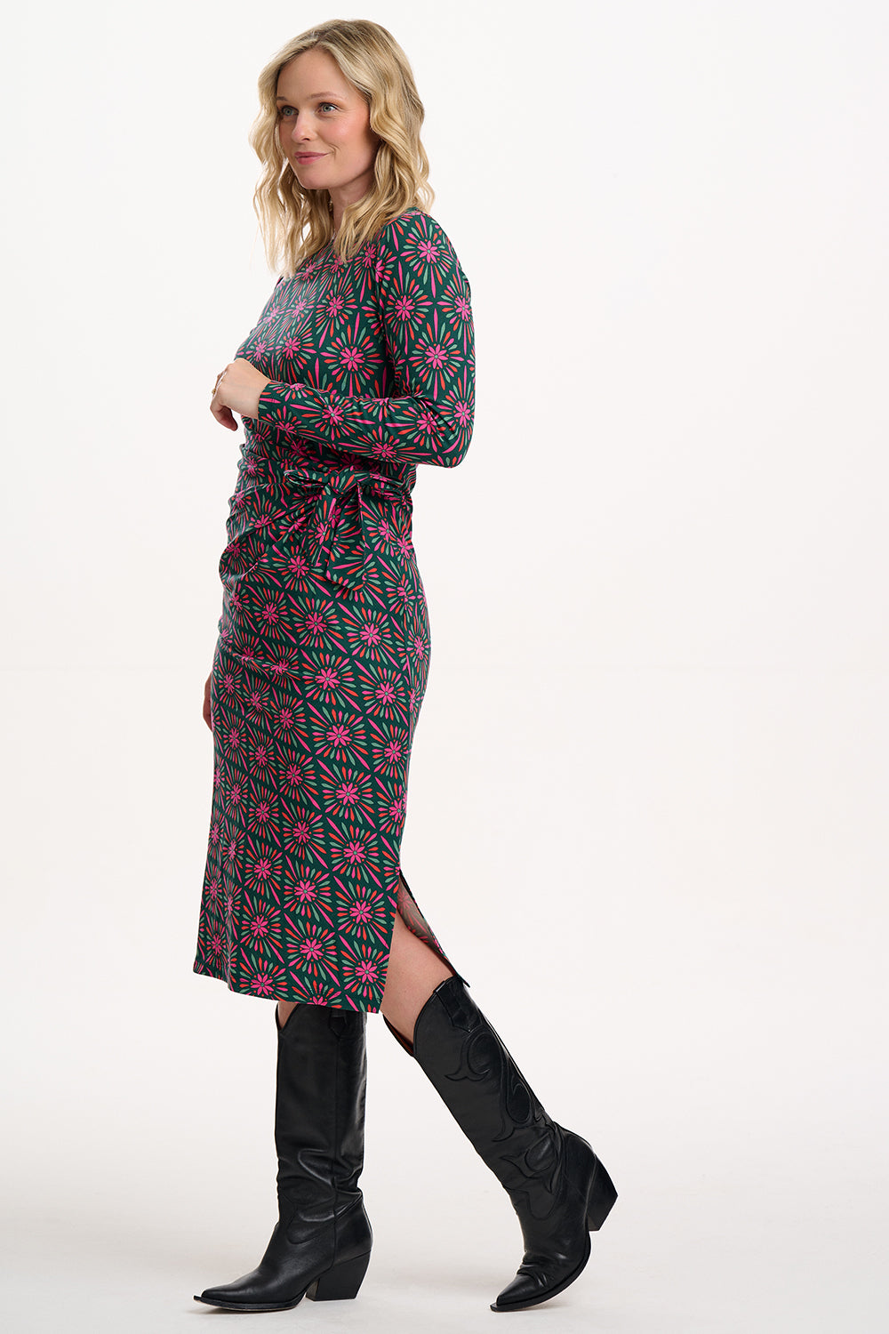 Claudia Jersey Tie Midi Dress, Green/Multi, Flower Explosion image 1