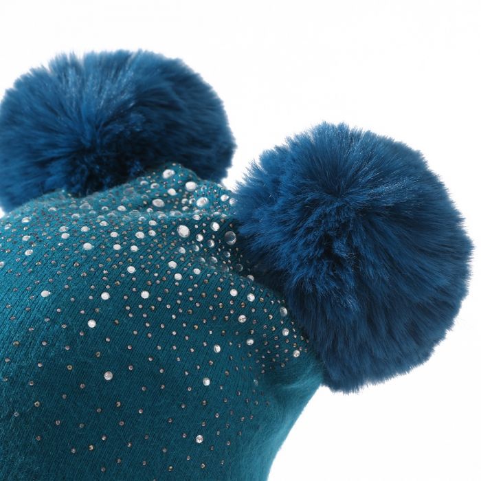 Sequin Double Pompom Hat, Peacock Blue image 3