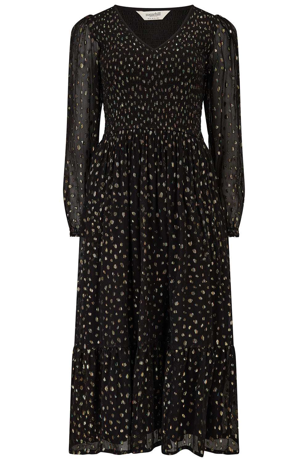 Jacqueline Shirred Midi Dress, Black, Metallic Spot image 4