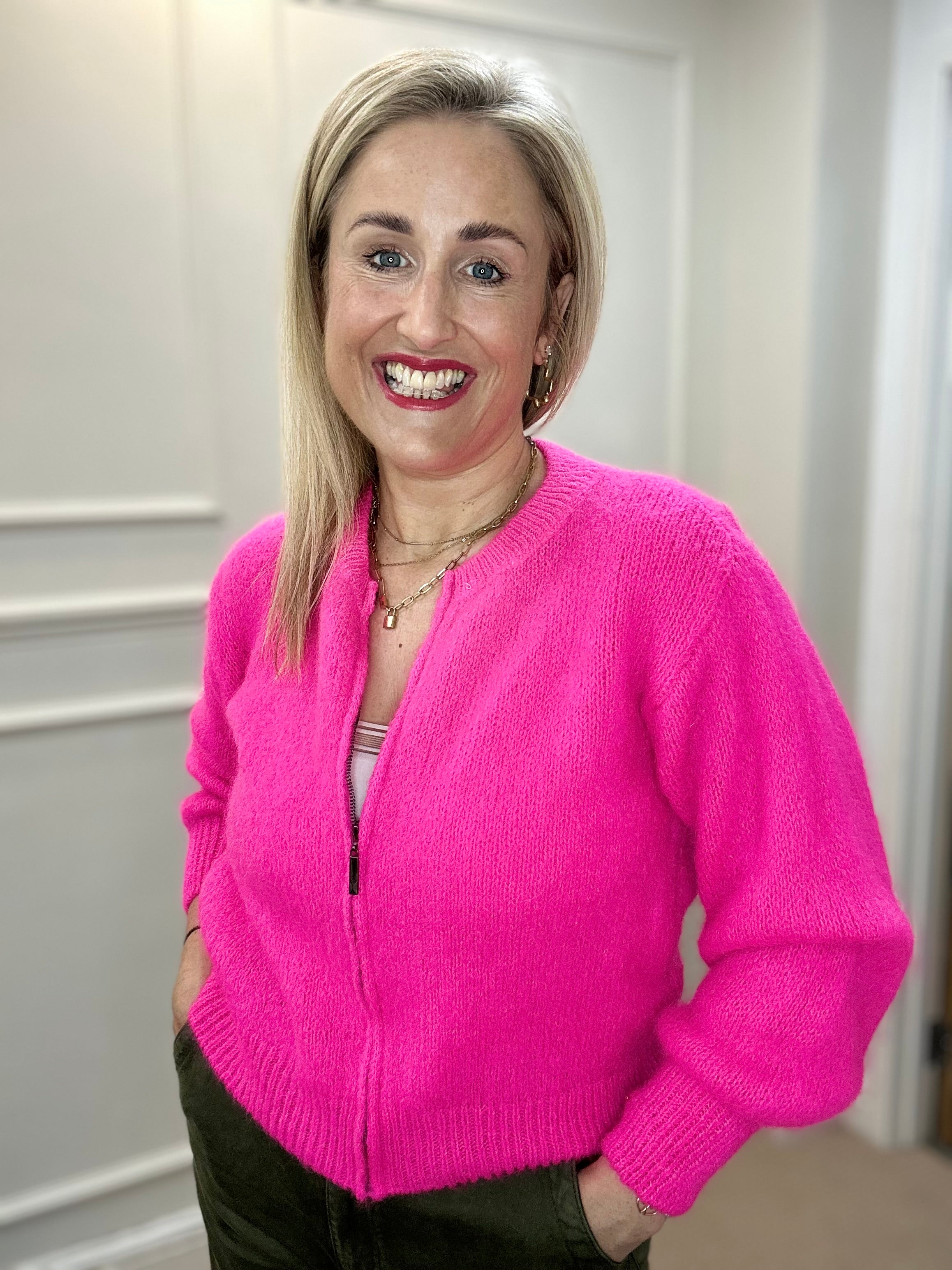 Maebh Zipped Cardigan, Bright Pink image 0