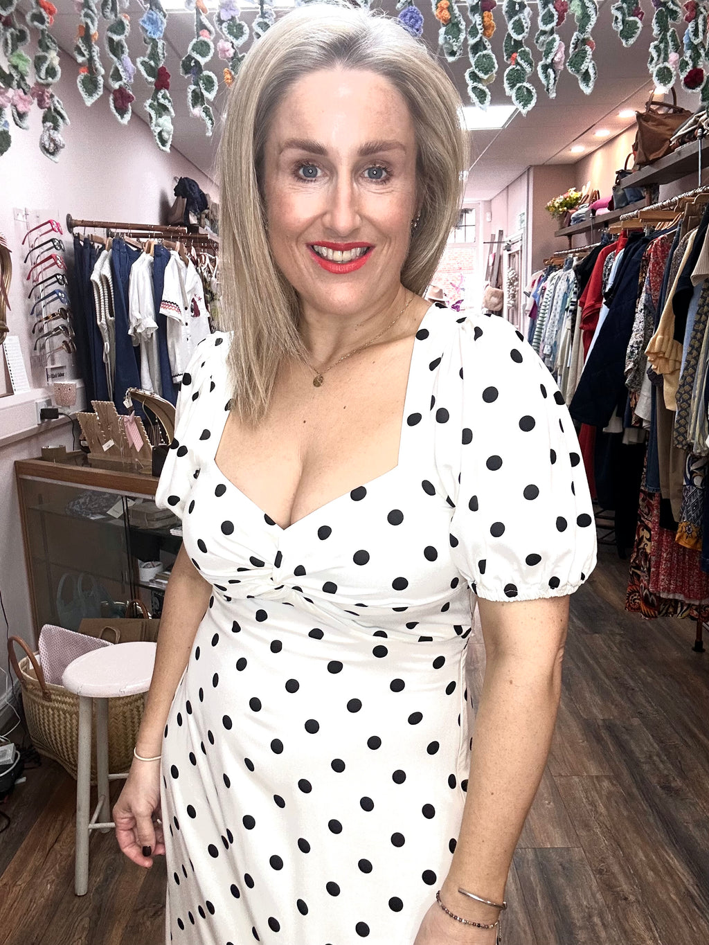 Tyla Midi Dress, White with Polka Dots
