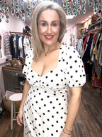 Tyla Midi Dress, White with Polka Dots