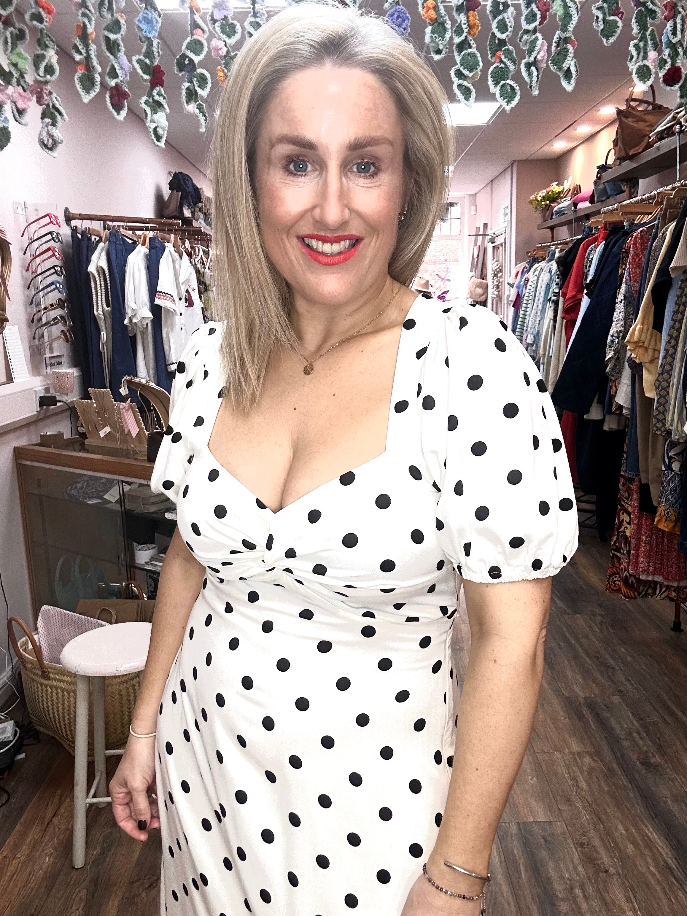 Tyla Midi Dress, White with Polka Dots