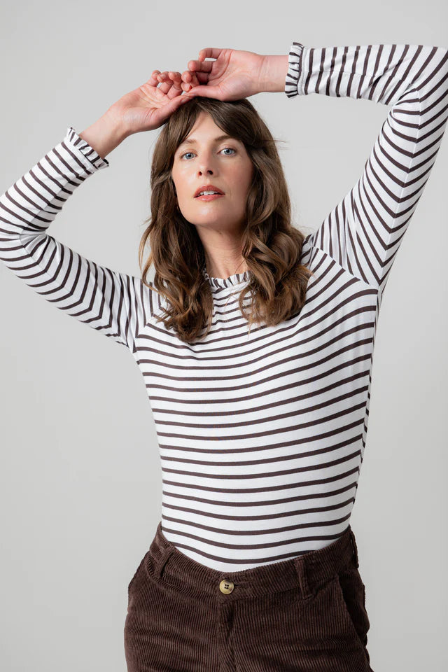 Marnie Frill Neck Striped Top, Chocolate image 5