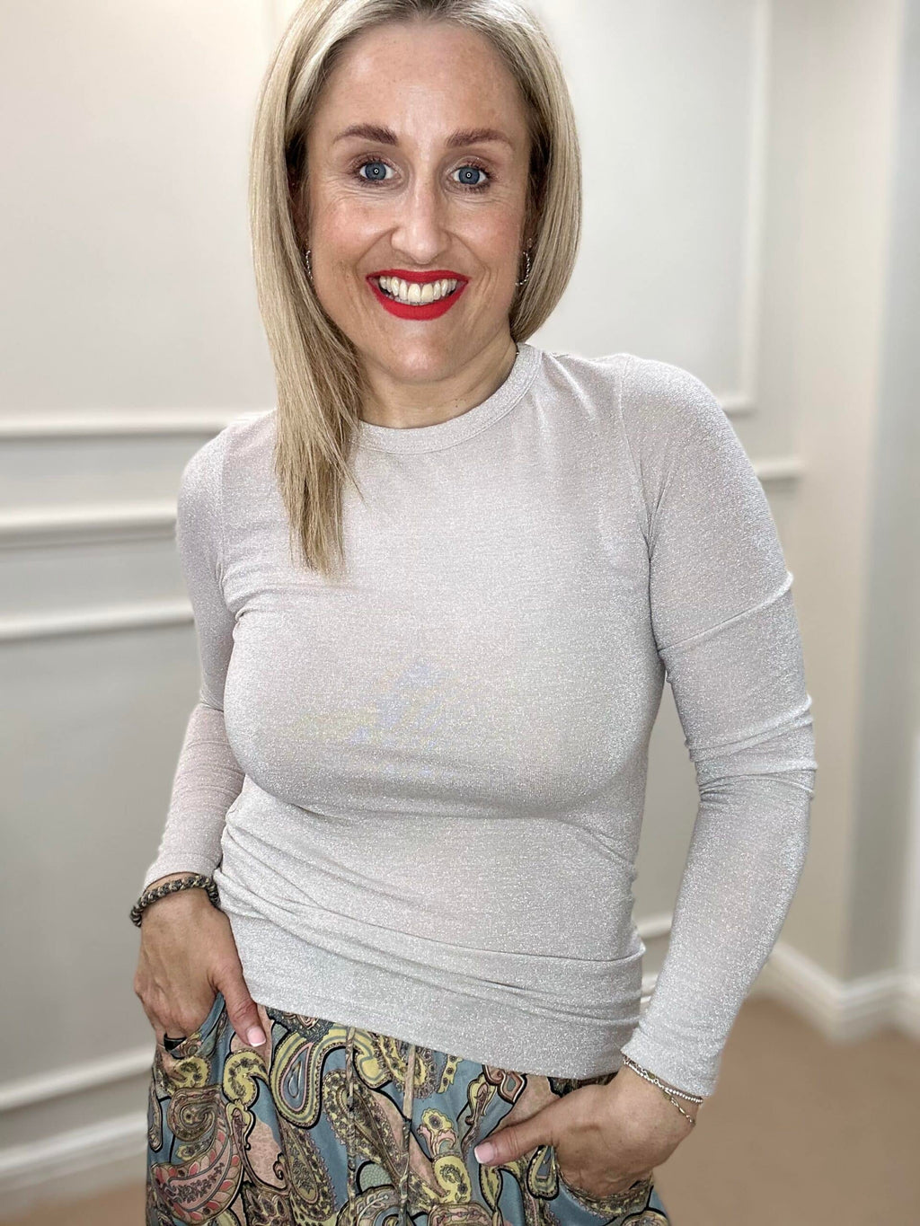 Faye Lurex Long-Sleeved Top, Pearl Silver colour image 0