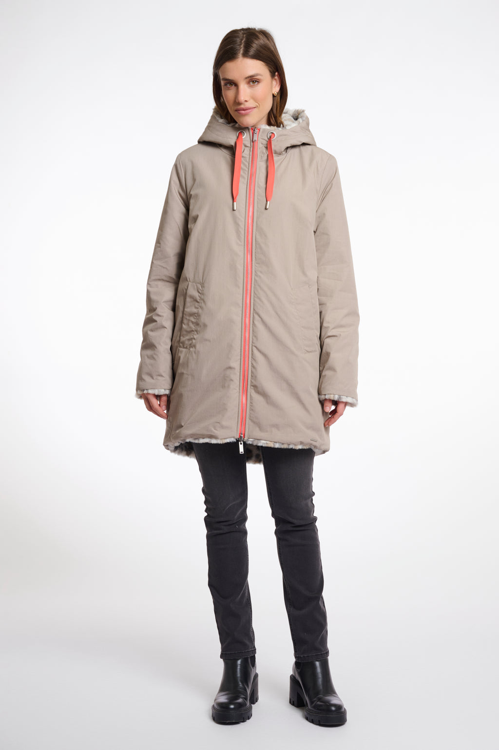 Javin Reversible Hooded Coat with Faux Fur Lining, Light Pebble and Leopard image 0
