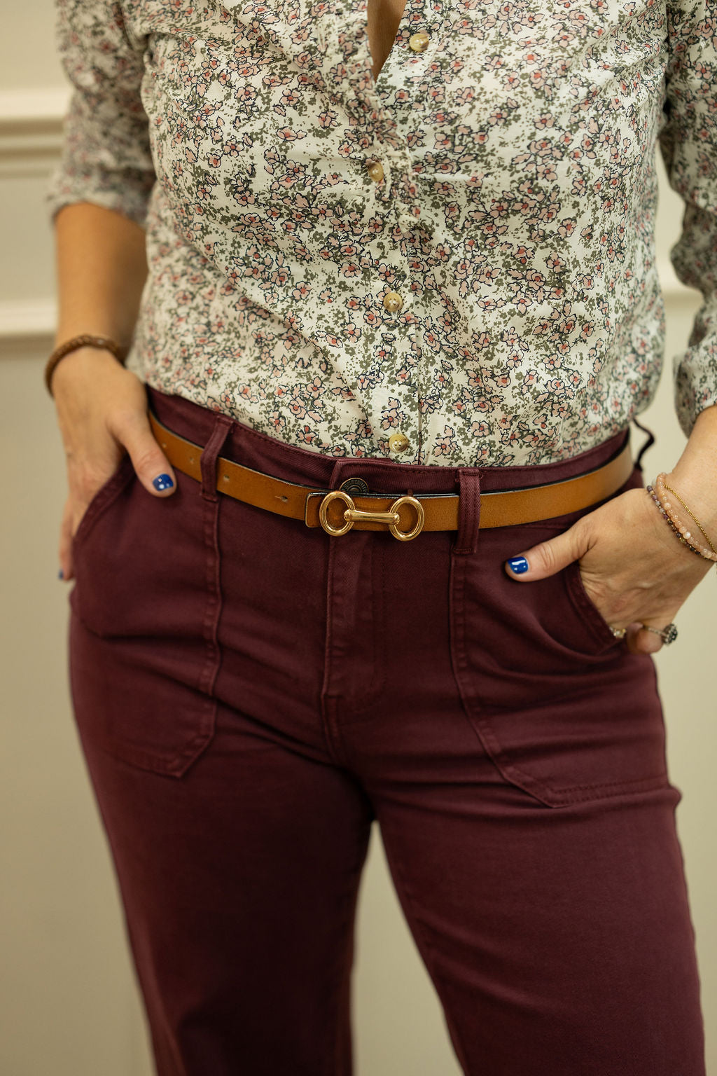 Slim Belt, Oak Leather - Gold Snaffle