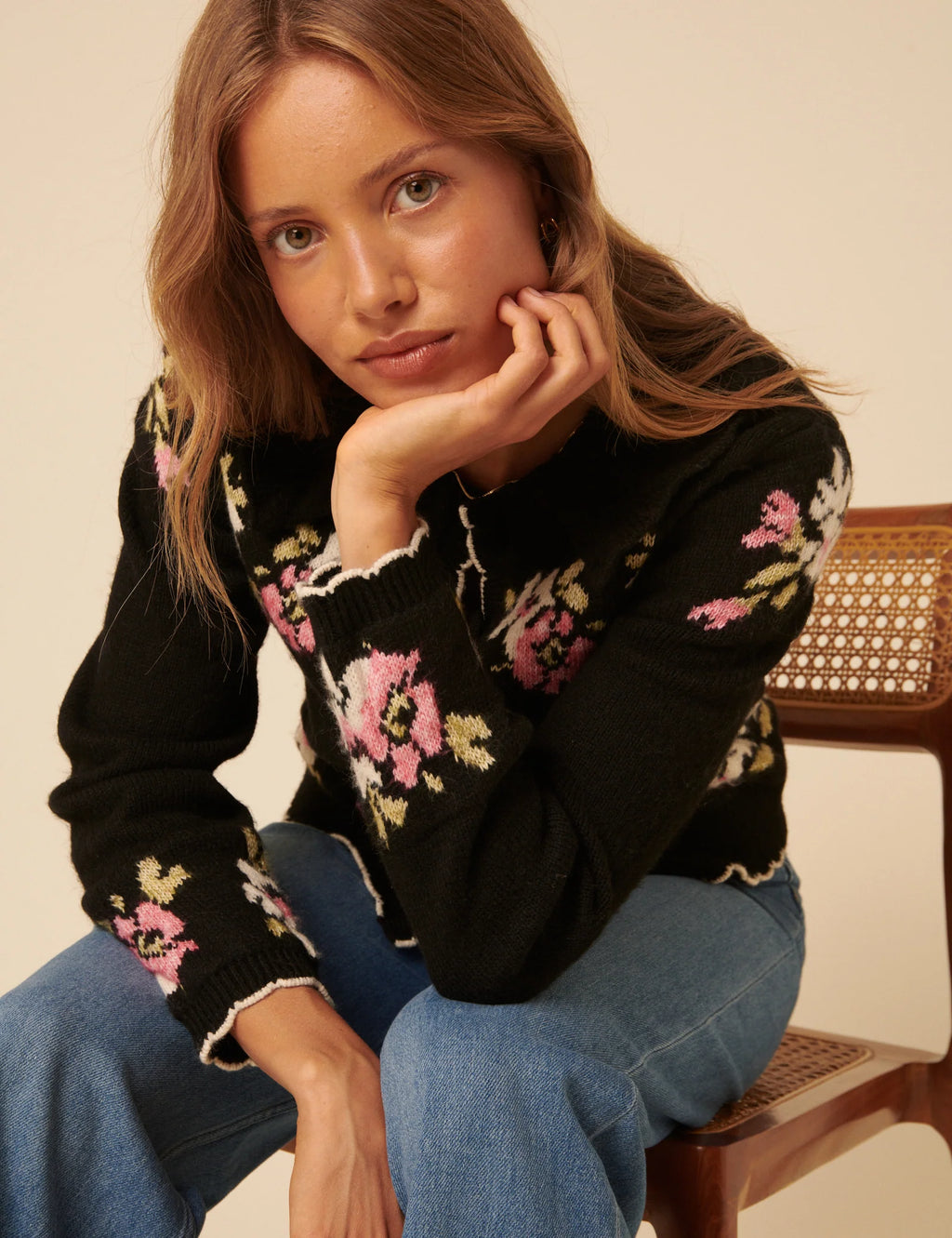 Carla Jacquard Collared Cardigan, Floral Black image 1