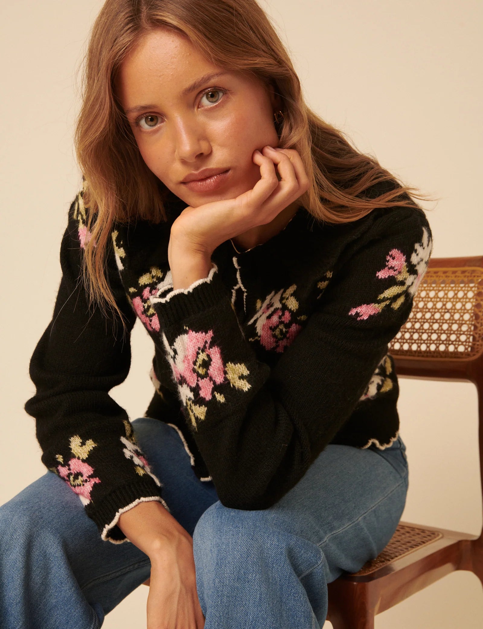 Carla Jacquard Collared Cardigan, Floral Black image 1