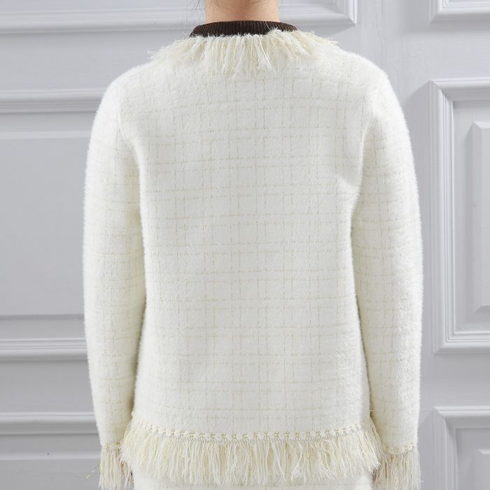 Classic Tweed Fringed Cardigan, Ivory image 5