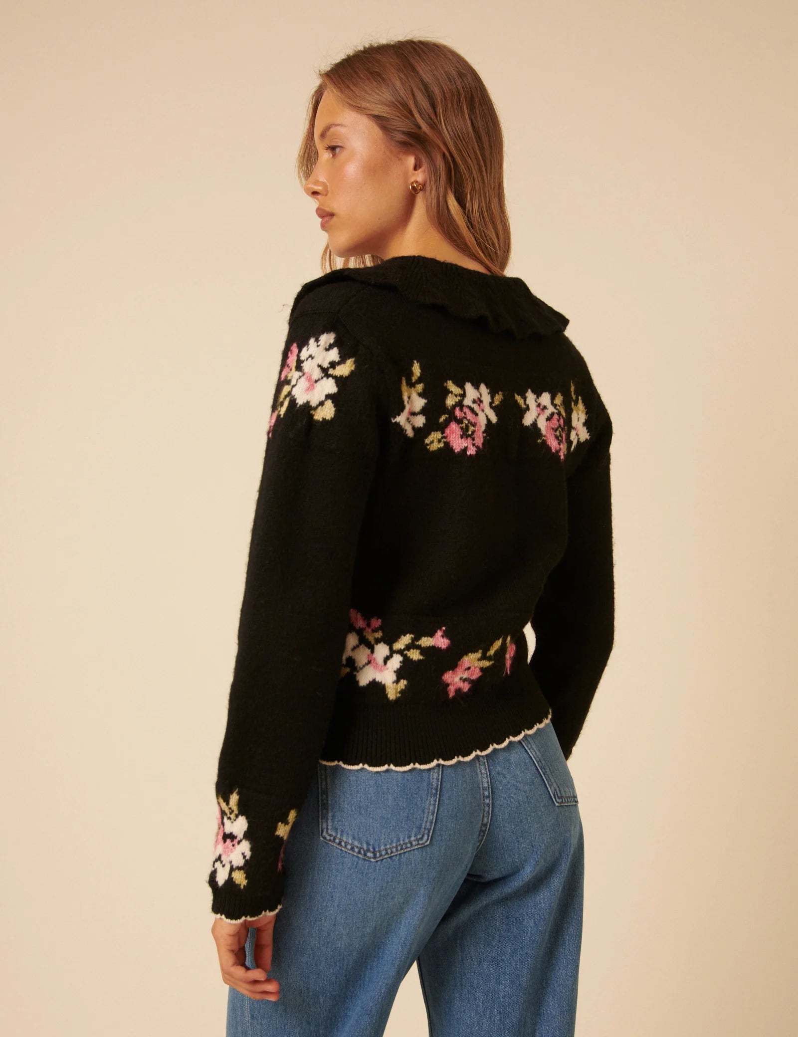 Carla Jacquard Collared Cardigan, Floral Black image 4