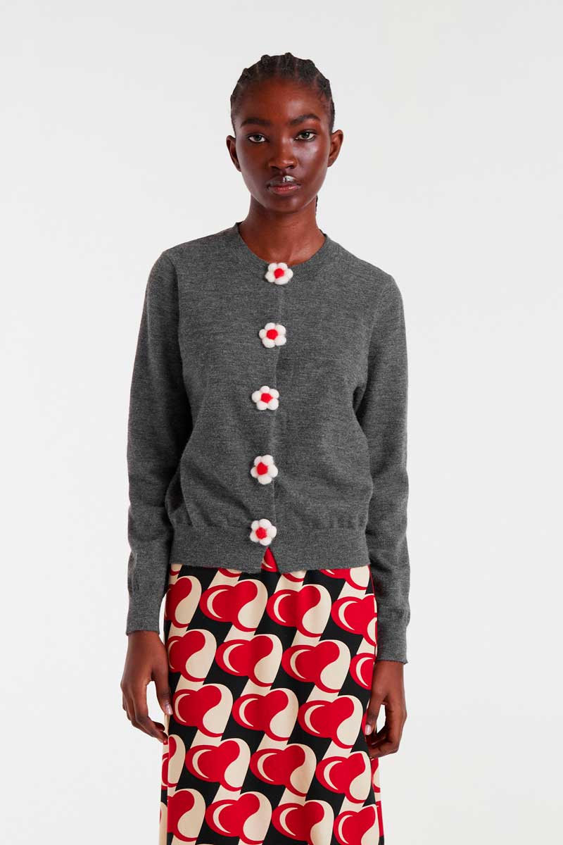 Maura Floral Detail Fine Knit Cardigan, Soft Grey image 0