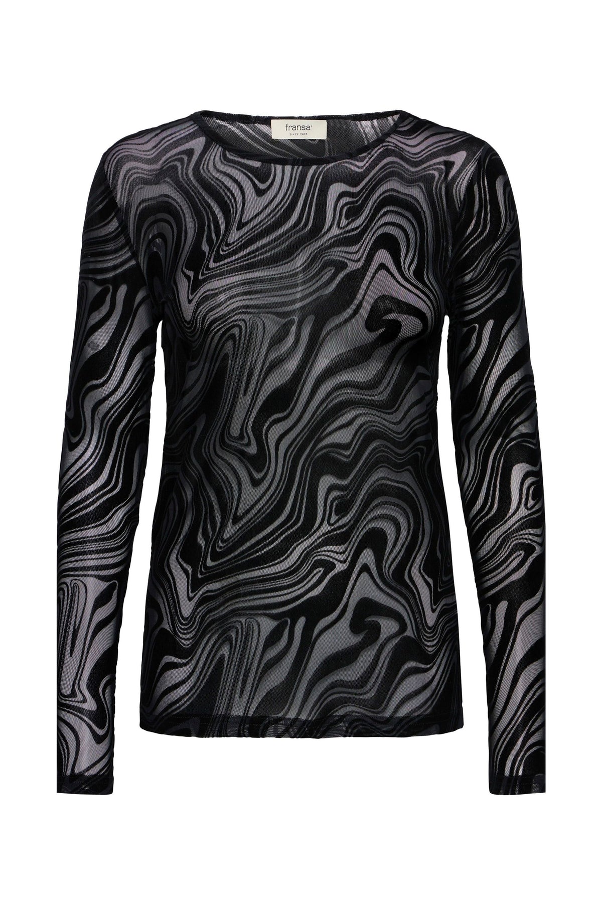 Deta Long Sleeve Top, Black Marble - front flat lay