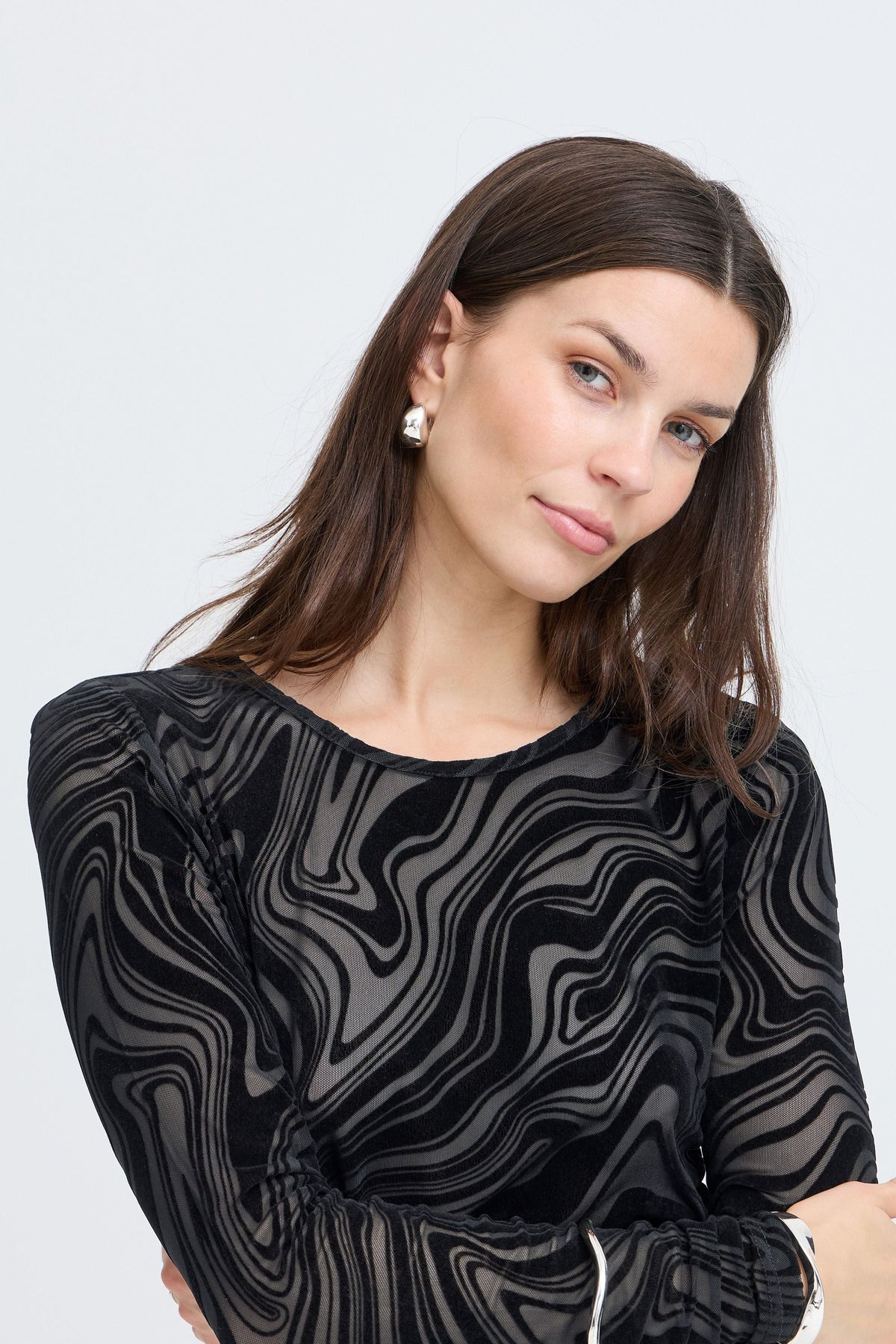 Deta Long Sleeve Top, Black Marble - detail flat lay