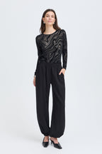 Deta Long Sleeve Top, Black Marble - model close up front