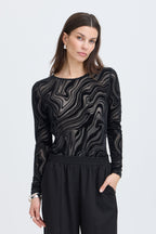 Deta Long Sleeve Top, Black Marble - model sleeve cuff detail