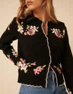 Carla Jacquard Collared Cardigan, Floral Black image 3