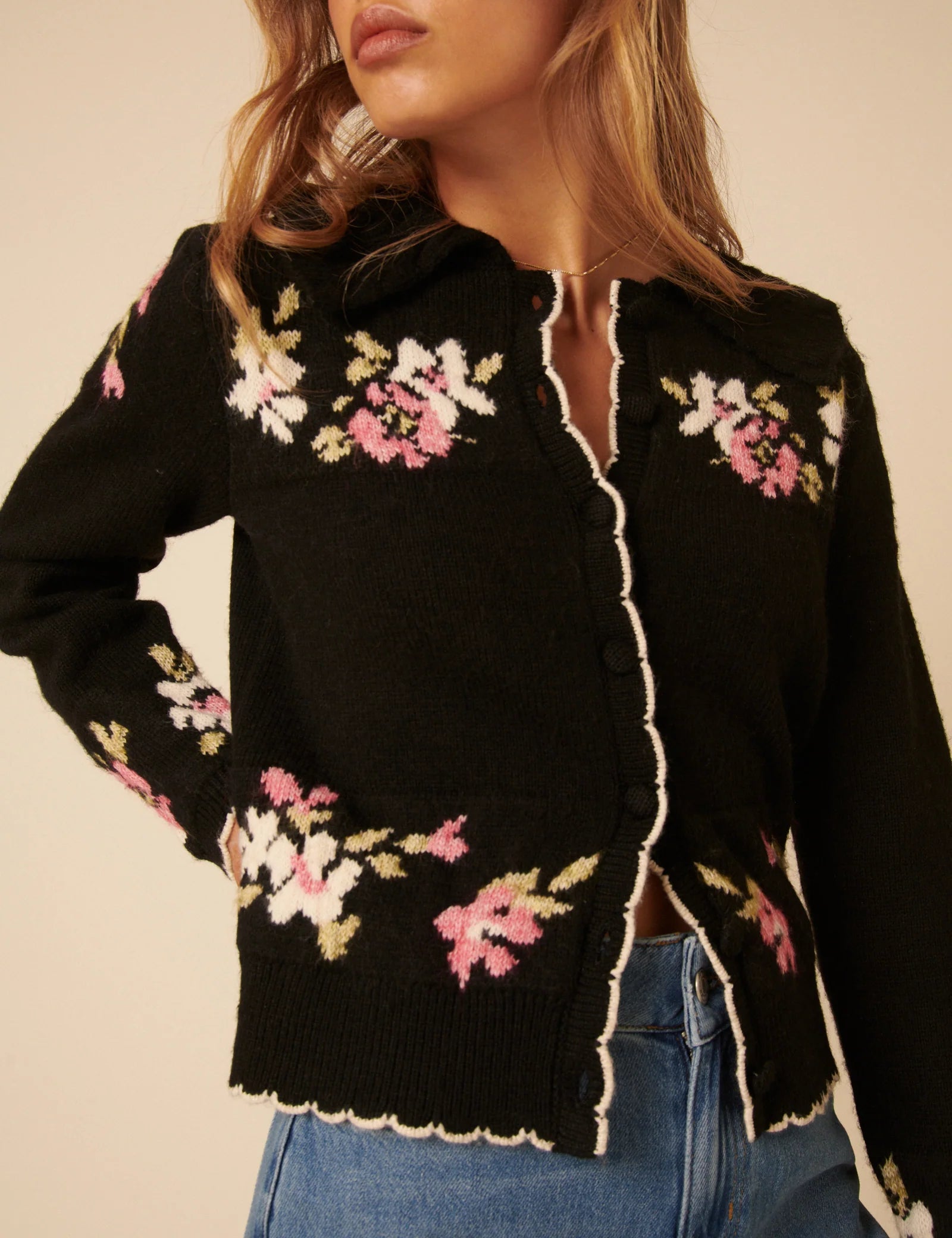 Carla Jacquard Collared Cardigan, Floral Black image 3