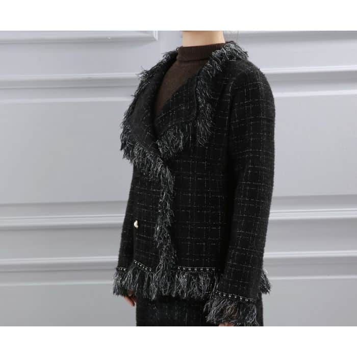 Classic Tweed Fringed Cardigan, Black image 5