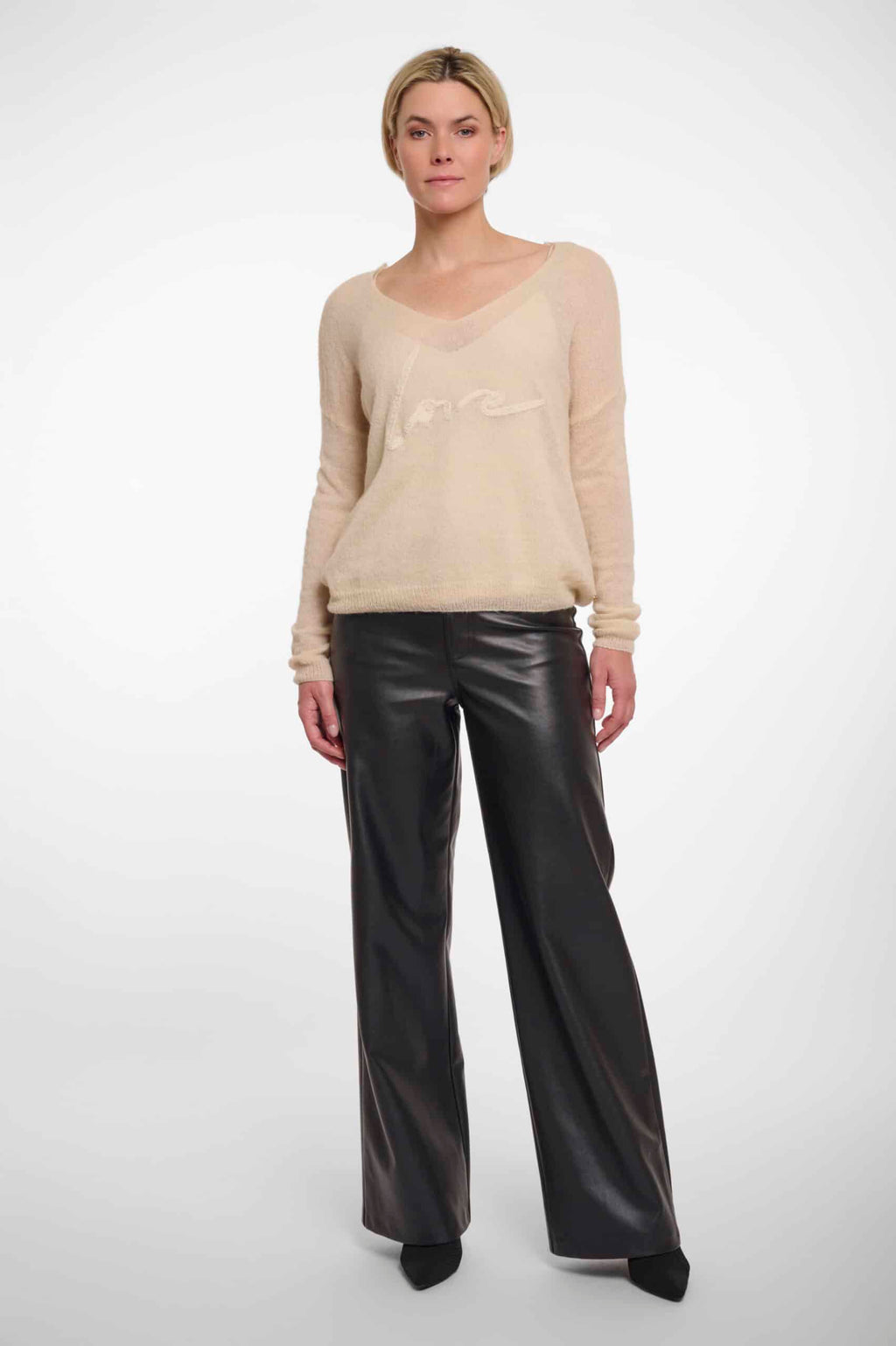 V-Neck 'Love' Embroidered Top, Cream image 3