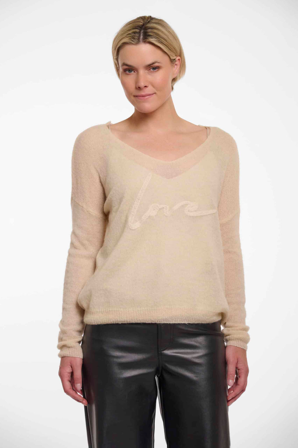 V-Neck 'Love' Embroidered Top, Cream image 0