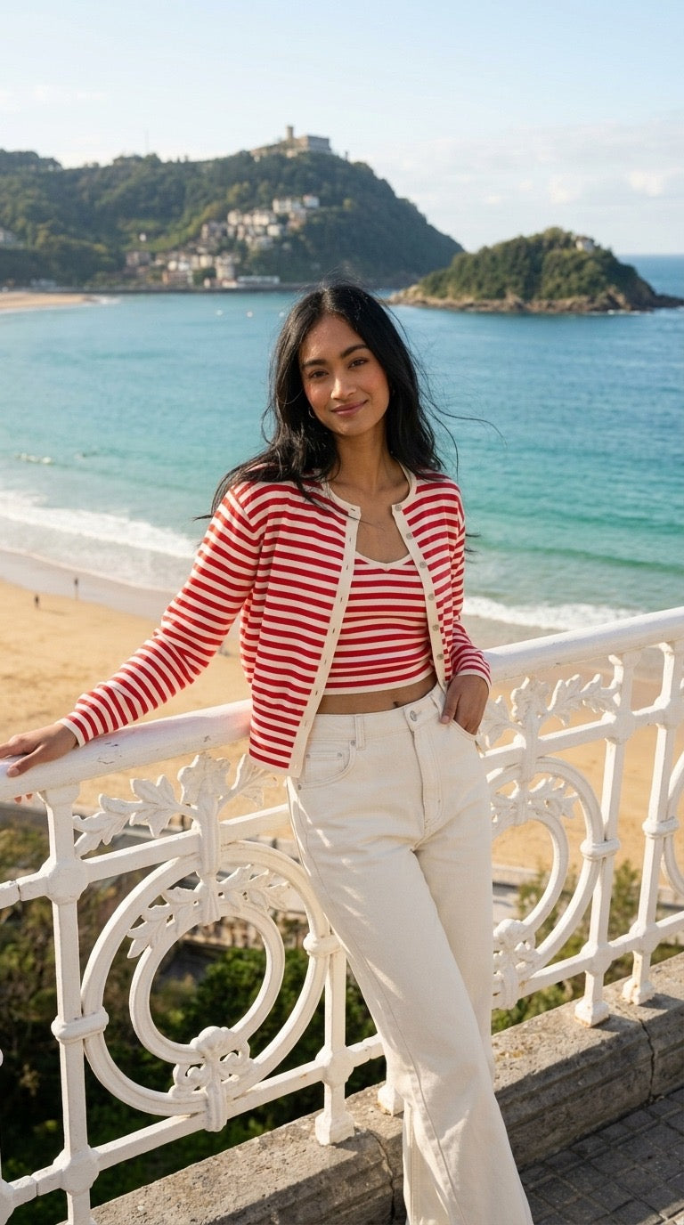 Leanne Waisted Crew Neck Cardigan, Red Stripes