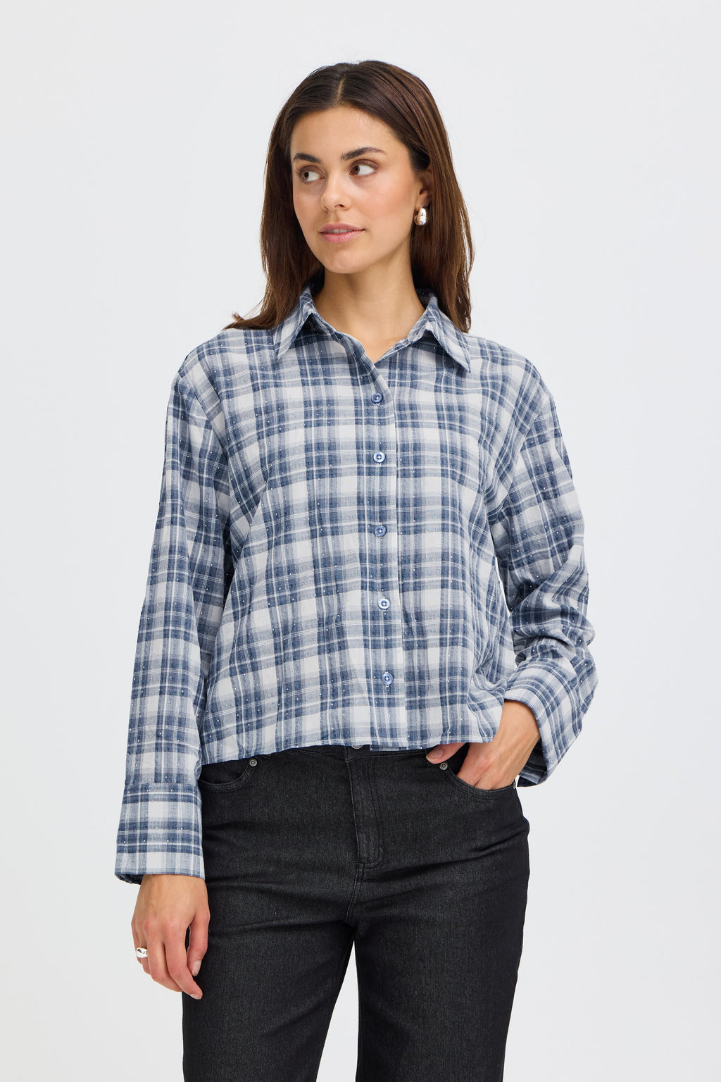 Crina Shirt, Blue Check - styled front