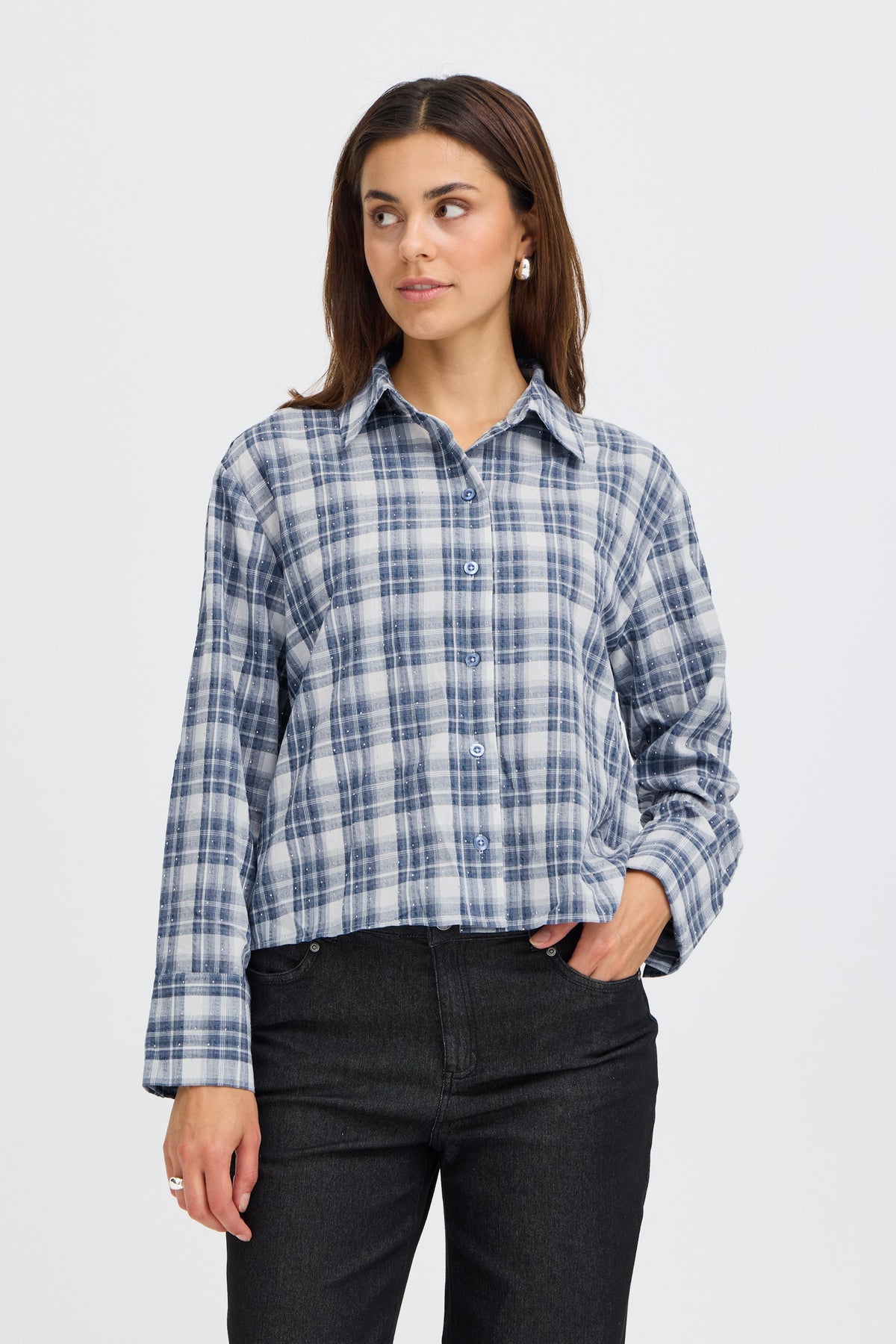 Crina Shirt, Blue Check - styled front