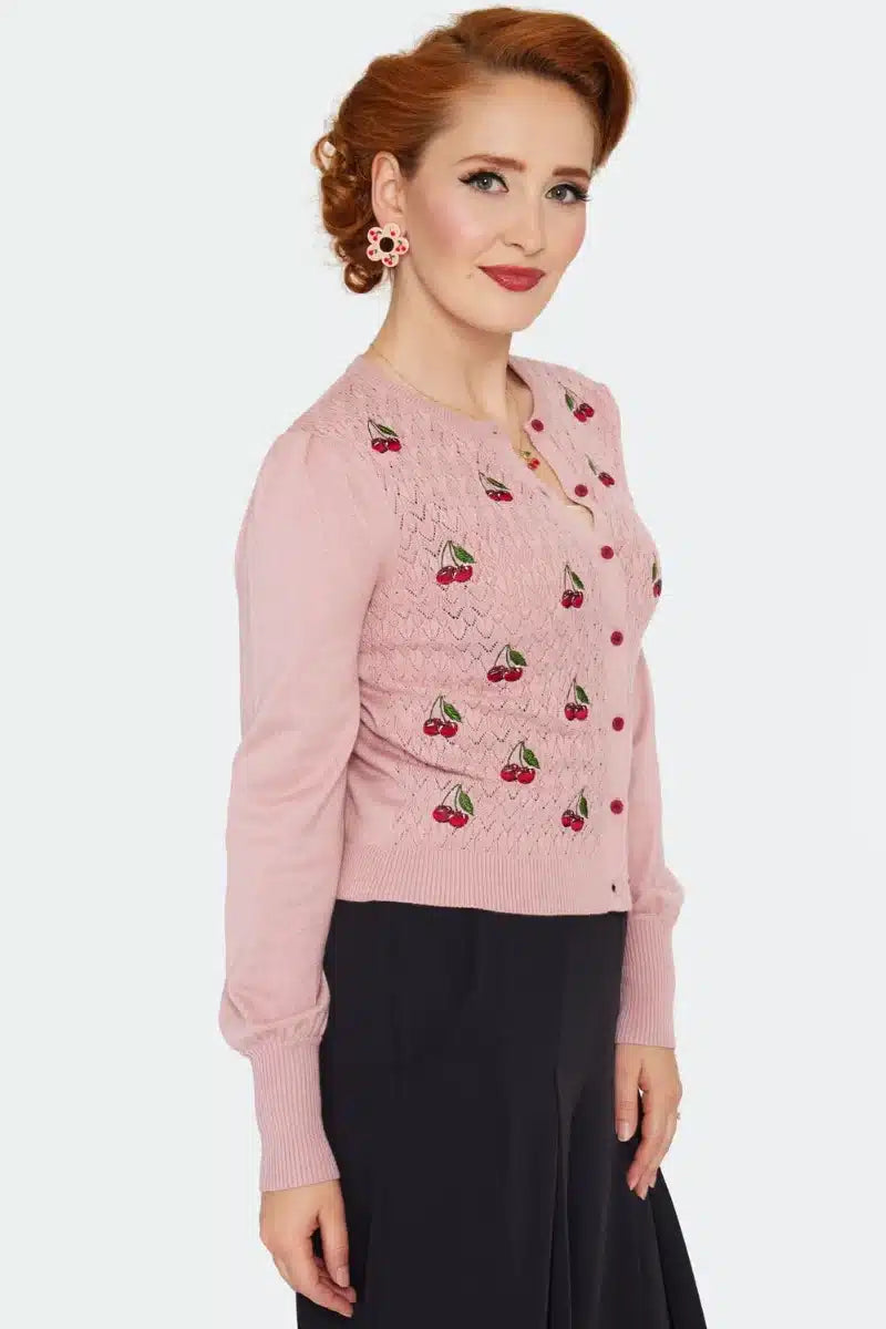 Cherry Embroidered Bell Sleeve Cardigan, Pink image 2