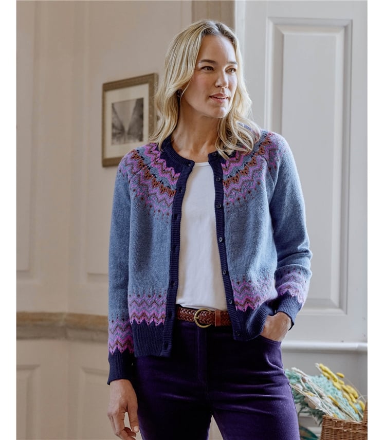Nordic Fairisle Yoke Cardigan, Denim Multi