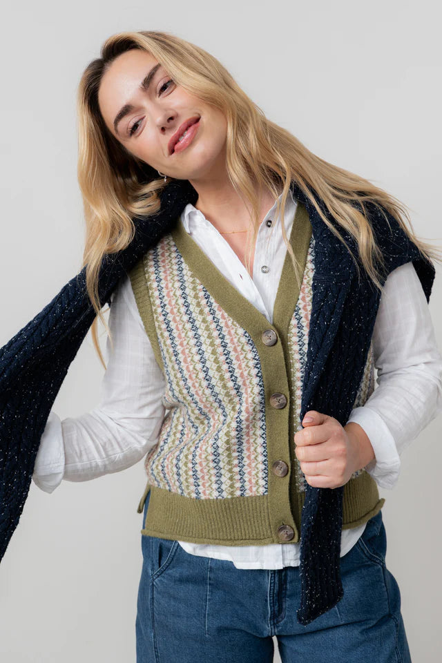 Gwyneth Fair Isle Sleeveless Cardigan, Moss image 2