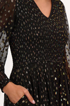 Jacqueline Shirred Midi Dress, Black, Metallic Spot image 1