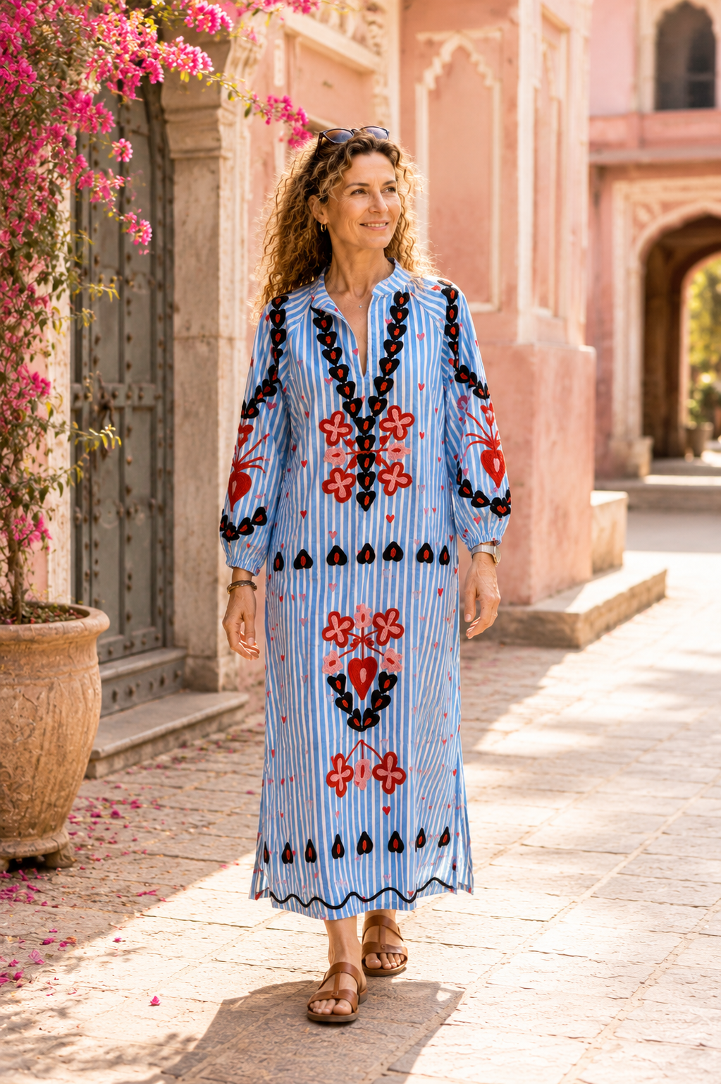 Juli Suzani Embroidered Kaftan Dress, Blue Stripe