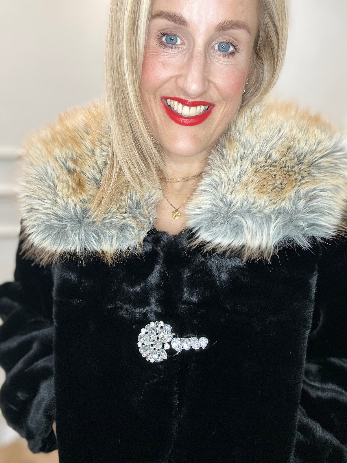 Helena Faux Fur & Velvet Coat, Black