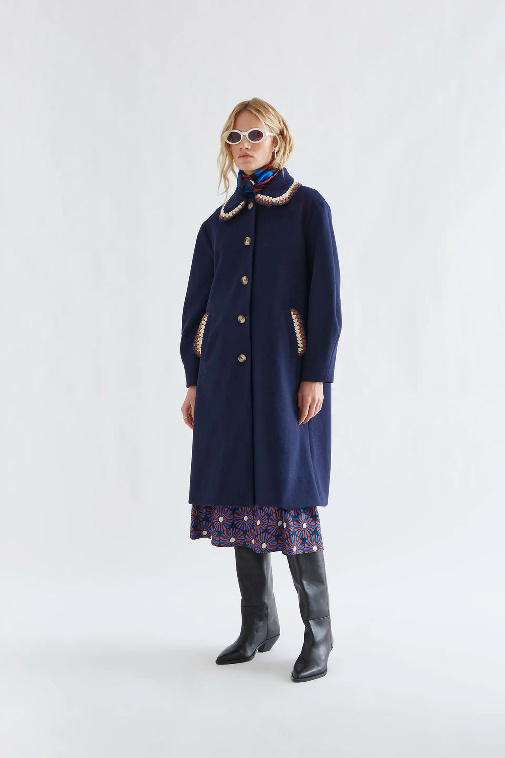 Crochet Detail Coat, Navy