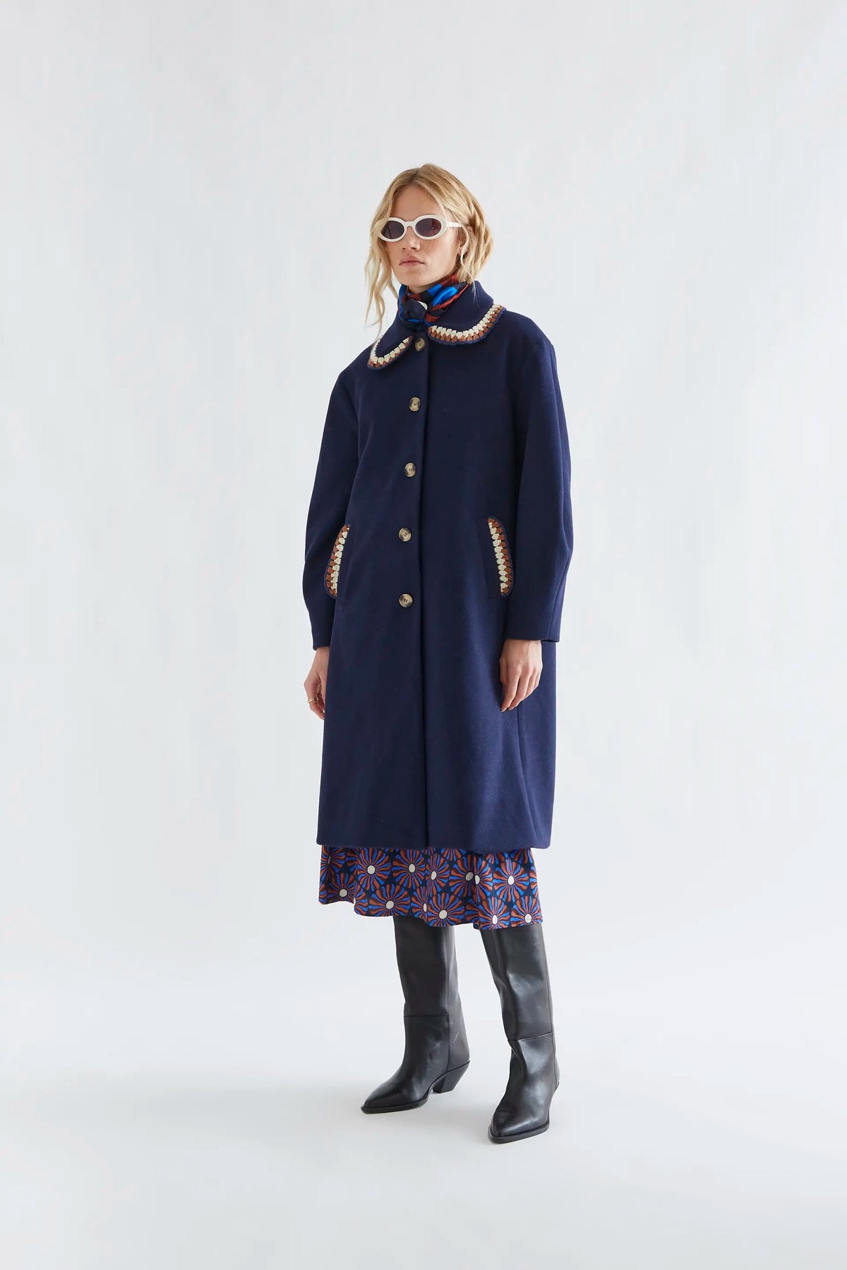 Crochet Detail Coat, Navy