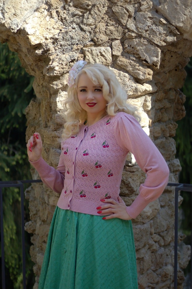Cherry Embroidered Bell Sleeve Cardigan, Pink image 1