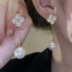 Four Petals Earrings with Pearl Drops, Silver image 3